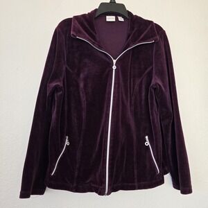 Chico's Zenergy Women Sz 2 Large Velour Full Zip Jacket Purple Bling Cozy Cotton